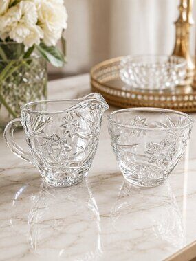 Vintage Starburst Pressed Glass Sugar & Creamer Set | Cottagecore Coffee Bar Dec